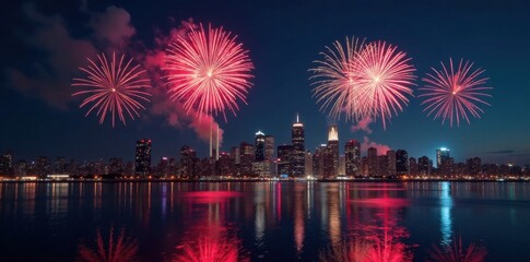 Fototapeta premium Elegant New Year's Eve fireworks display over a city skyline at midnight, celebration, midnight, fireworks