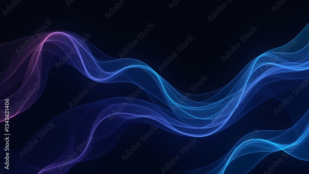 Poster abstract flowing light wave of blue and purple colors, with dynamic movement against a dark backdrop
