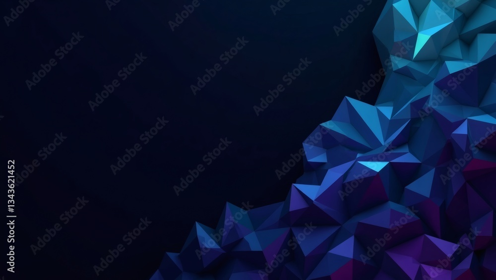 Poster an abstract geometric 3d rendering, with a dark background and sharp, polygonal shapes in shades of 