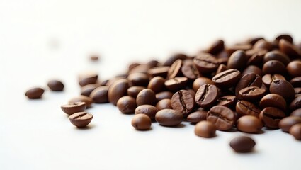 a close-up of roasted coffee beans, showcasing their rich textures. They are scattered and piled, suggesting freshness and aroma.