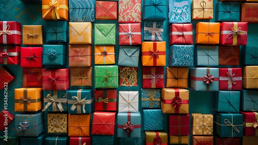Poster a collection of wrapped gifts in various colors and patterns.