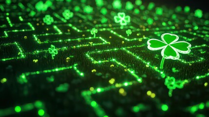 Glowing green clover in a digital maze.