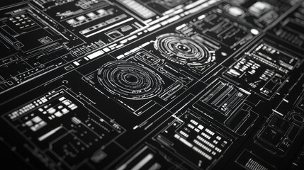 complex tech interface is sketched with black marker, showcasing intricate 3D illustrations