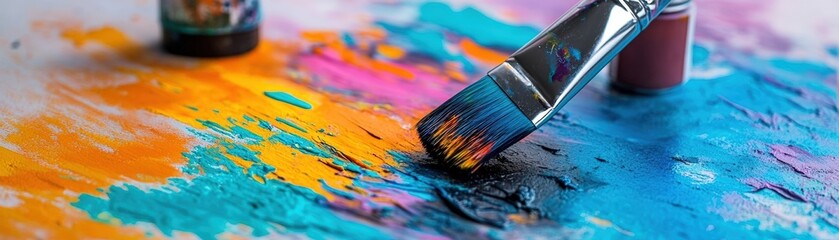 Obraz premium Colorful paint palette with brush, showcasing vibrant hues and artistic creativity in a messy, engaging environment.