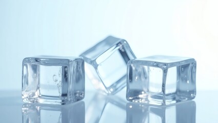 three transparent ice cubes with a cool blue light, suitable for refreshments and various purposes. They look fresh and appealing.