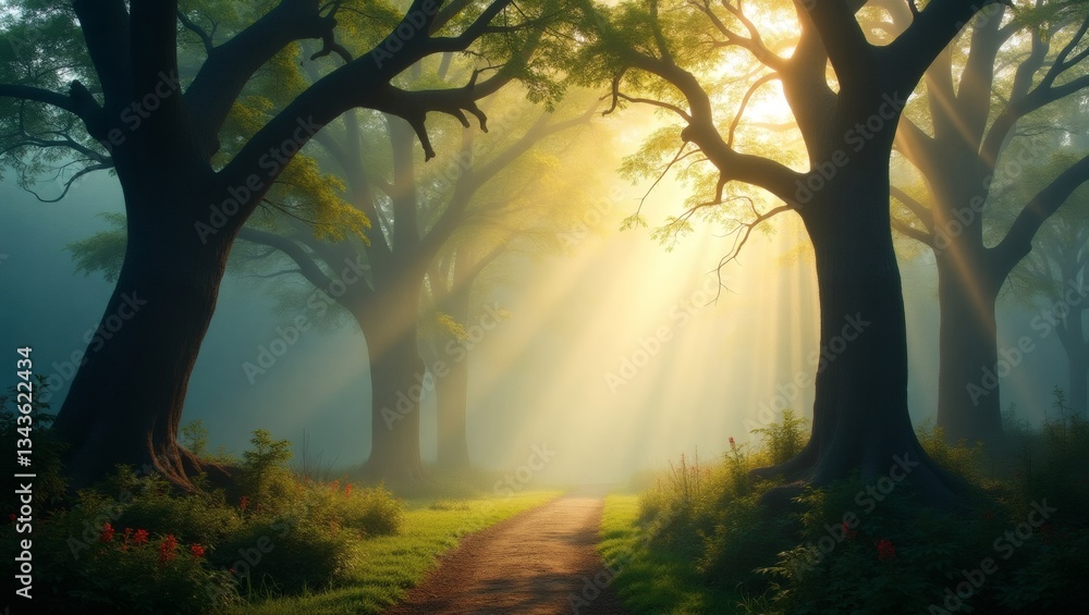 Poster a sunlit path through a serene forest, with towering trees and vibrant rays of light