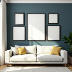 Empty photo frames in various sizes hang on a modern living room wall, abstract patterns, industrial lighting
