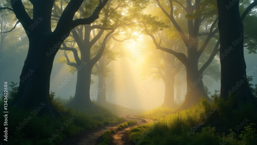 Aufkleber a sunlit path through a mystical forest with towering trees and a gentle mist