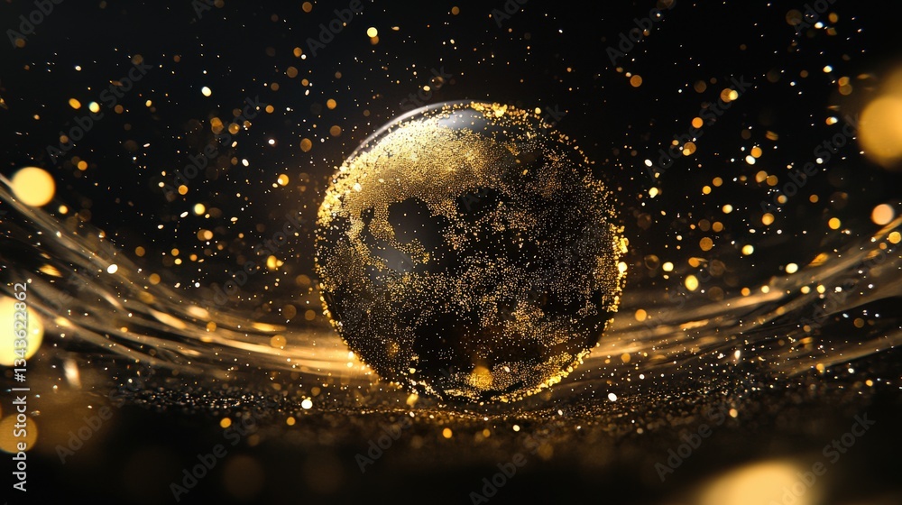 Poster an abstract globe surrounded by digital particles.