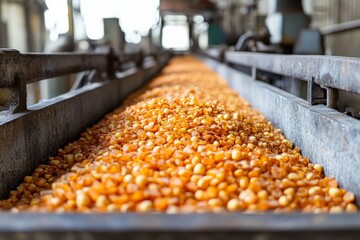 Corn kernels being processed on a conveyor belt in an industrial facility during daylight