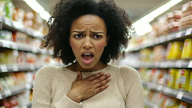 Shocked woman in grocery aisle with fallen cart spilling items