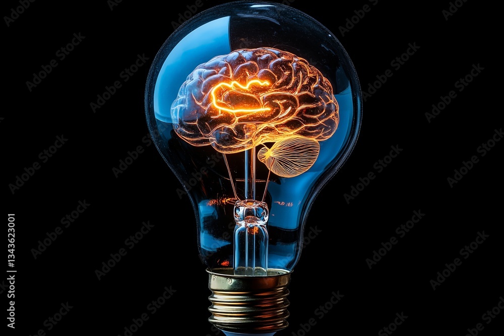 Poster creative concept showcasing a human brain inside a light bulb symbolizing innovative ideas and inspi