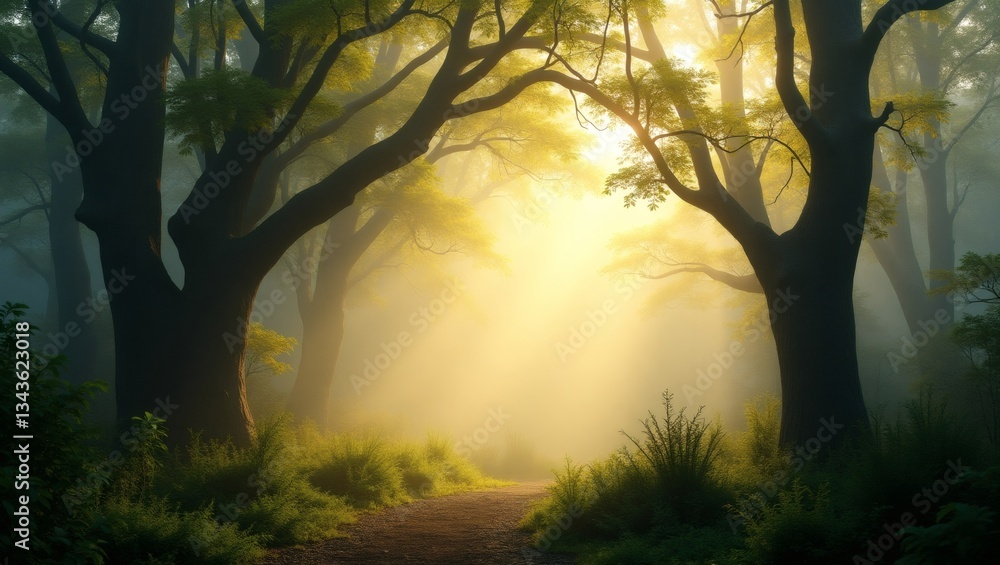 Poster a mystical forest path bathed in ethereal sunlight. the sun's rays shine through the trees, creating