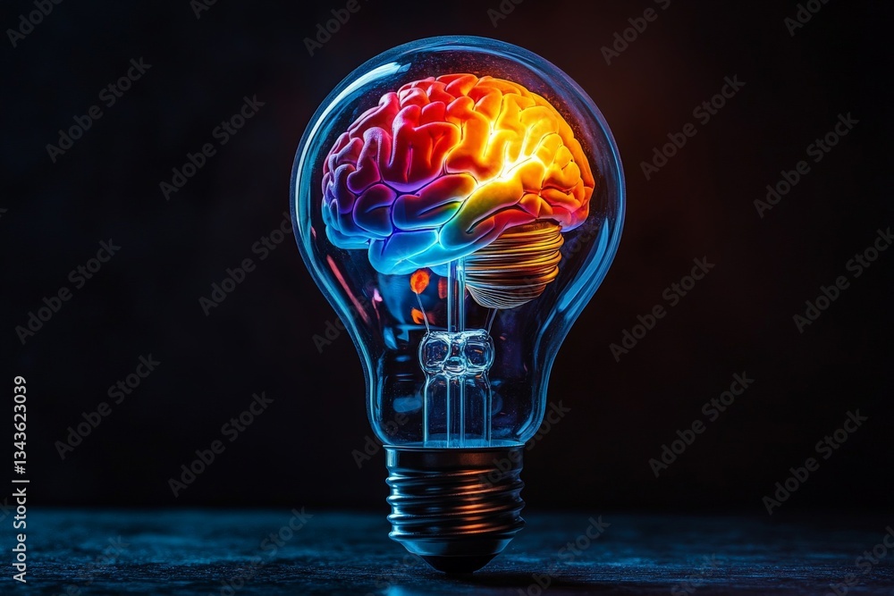 Poster brain in a light bulb symbolizing creativity and innovation in technology and science