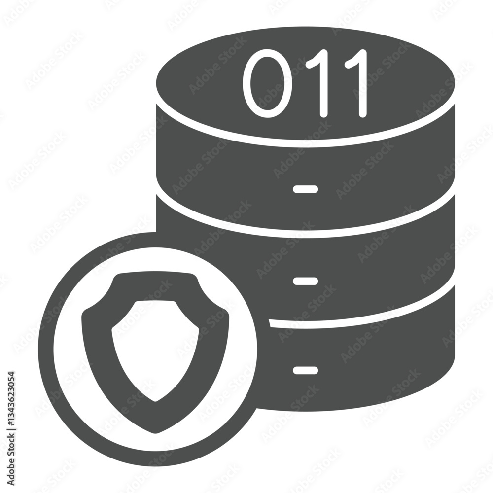 Poster hard disks array with emblem solid icon, data protection concept. vector graphics. storage with shie