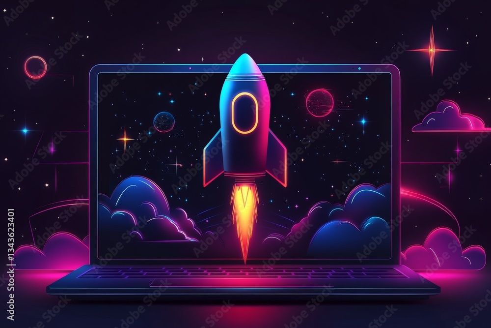 Aufkleber rocket launching from a glowing laptop in a cosmic landscape during a digital art creation