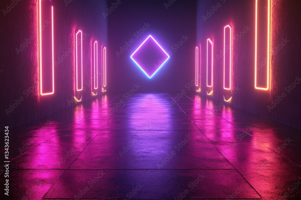Poster colorful neon lights illuminate a futuristic hallway with polished surfaces and reflections creating