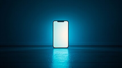 A glowing smartphone stands upright in a dark blue room