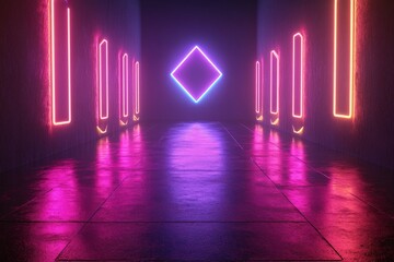 Colorful neon lights illuminate a futuristic hallway with polished surfaces and reflections creating a vibrant atmosphere