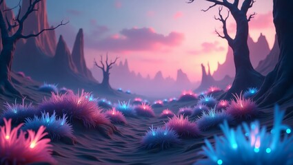an enchanting and surreal fantasy landscape. The scene features glowing plants, mystical rock formations, and a vibrant sunset sky