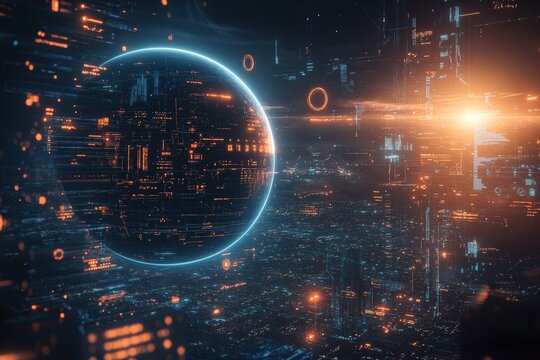 Futuristic cityscape illuminated by neon lights and digital elements at dusk