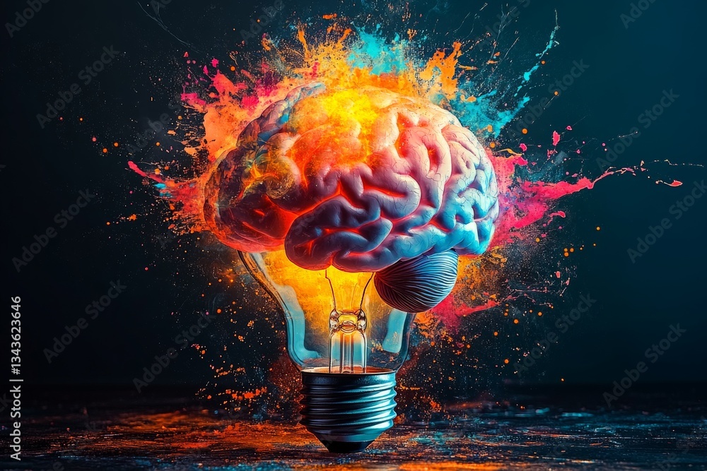 Poster creative brain design with vibrant colors and light bulb fusion representing innovative thinking