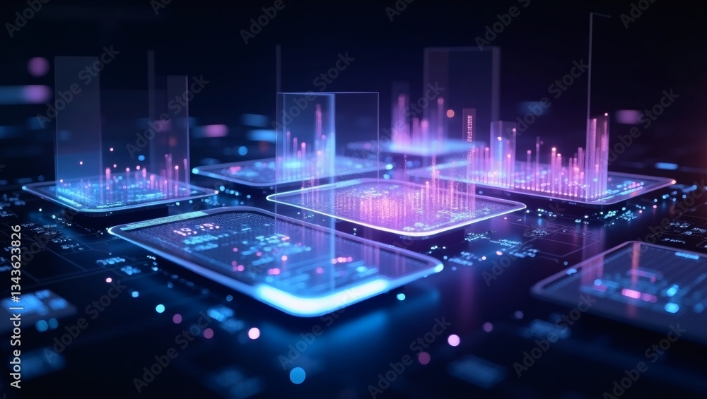 Poster digital information, data processing, network connection, computing, abstract visualization, illuminated in blue and purple colors