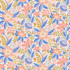 A seamless floral pattern of pink and blue flowers with golden leaves on a light background. Ideal for textiles, wallpapers, packaging, stationery, fabric prints, home decor, gift wrap, invitations.