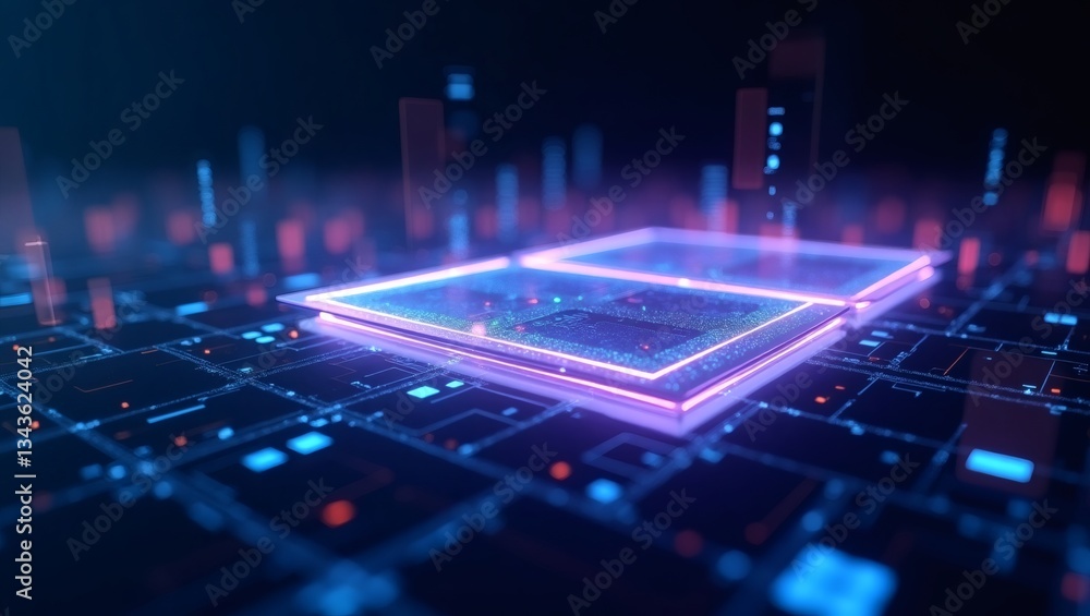 Poster digital circuits, glowing with neon light, suggesting modern technology and high processing