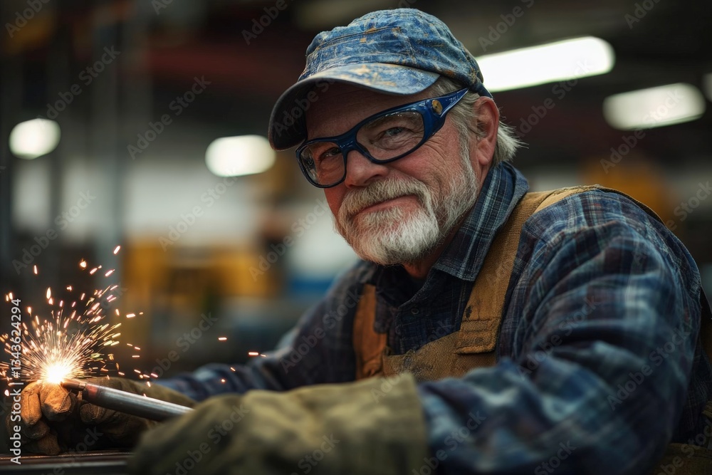 Poster skilled welder creates sparks while working in a industrial workshop during the day