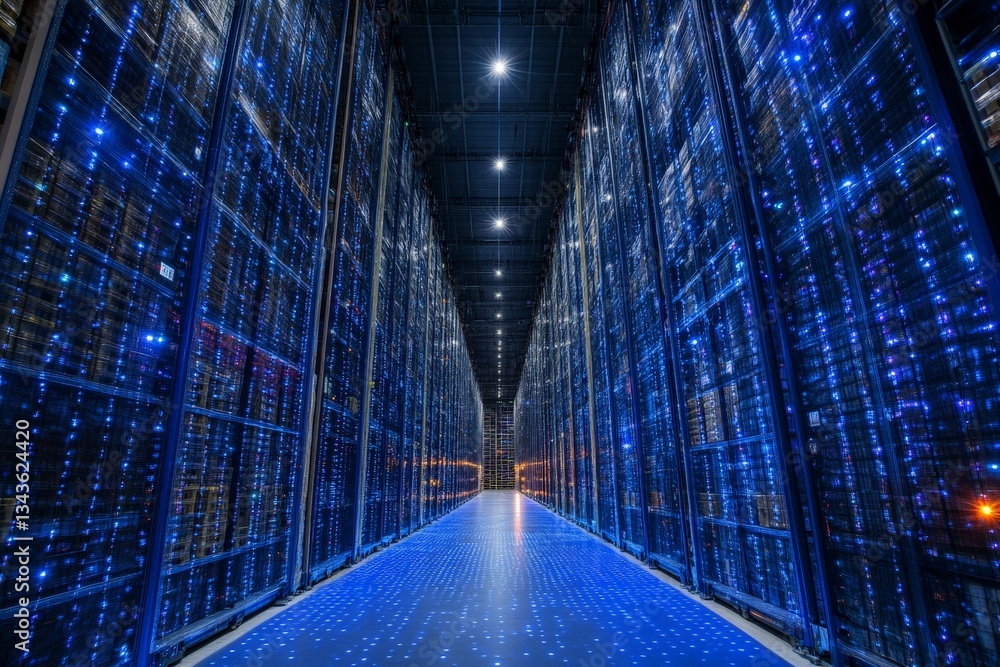 Poster advanced data center showcasing rows of servers illuminated by led lights at nighttime