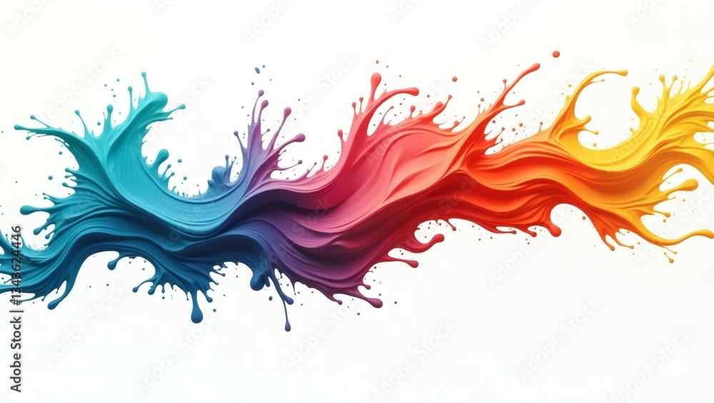 Poster colorful splashes of paint in various hues blend and merge in an abstract design, creating a visually dynamic composition