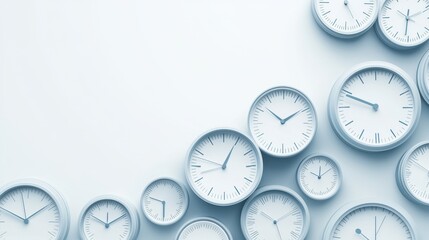 Clusters of Modern Wall Clocks Displaying Different Times Against a Light Background
