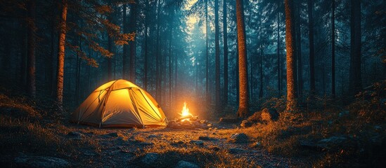 Illuminated tent & campfire in moonlit forest
