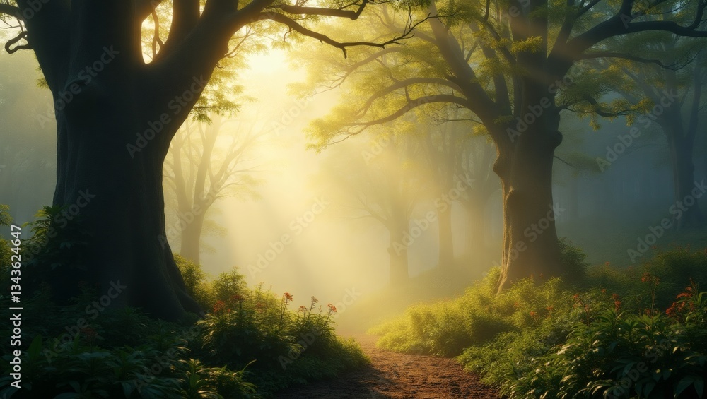 Poster a scenic woodland trail bathed in sunlight, with tall trees creating a serene and enchanting atmosph