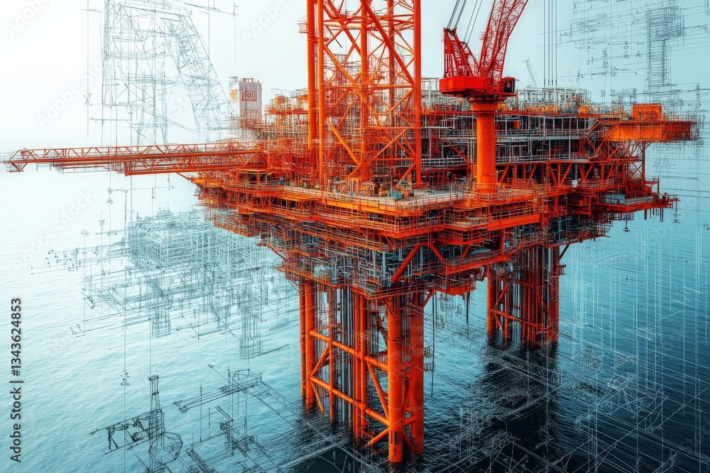 Poster oil drilling platform stands in water with engineering overlay revealing structural details and desi