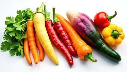 Assorted dried vegetables neatly piled on white backdrop , colorful food, healthy