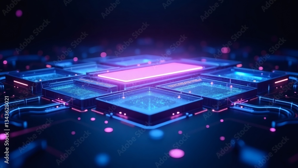 Poster a futuristic circuit board with a glowing pink central component. The design features intricate details and vibrant colors, suggesting advanced technology
