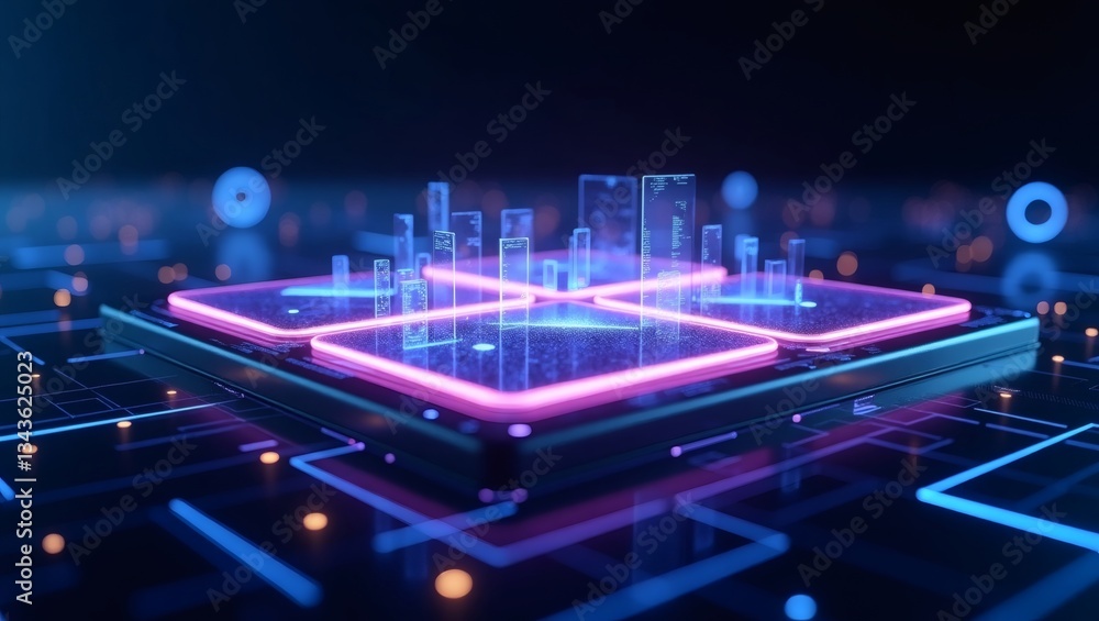 Poster a futuristic computer chip with glowing blue lights, symbolizing advanced technology and innovation