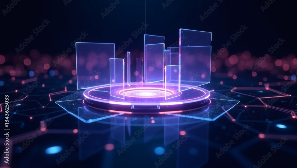 Aufkleber a futuristic data visualization with interconnected glowing elements, technology background. The image features a central glowing platform displaying transparent data panels.