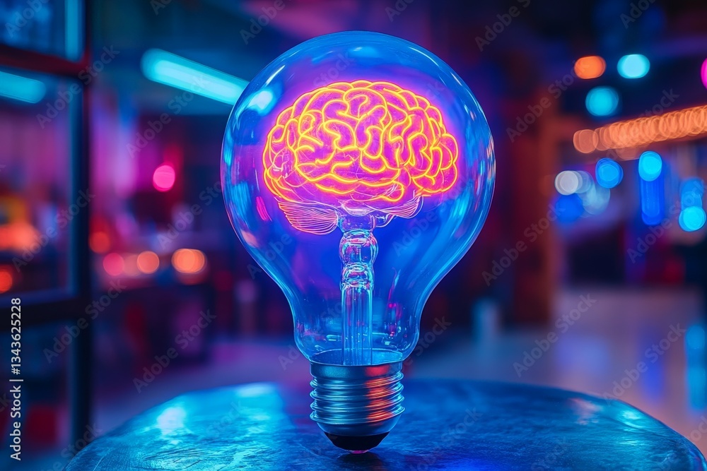 Poster light bulb with neon brain design illuminated in a vibrant environment showcasing creativity and inn
