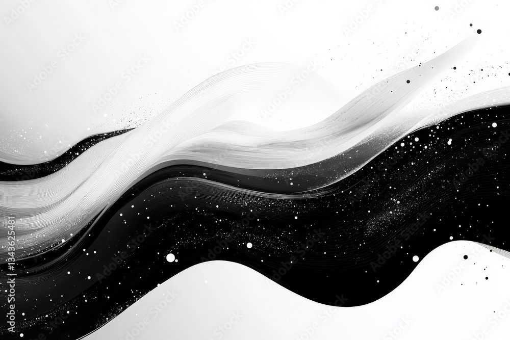 Poster Artistic black and white abstract waves with splatters and smooth curves creating a dynamic visual effect