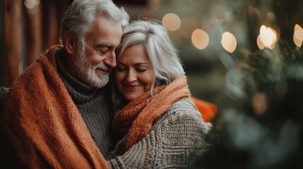 Discover the warmth of lasting love with this image of a happy senior couple cuddling on a couch, wrapped in a cozy blanket, and truly enjoying each others company Capture the essence of