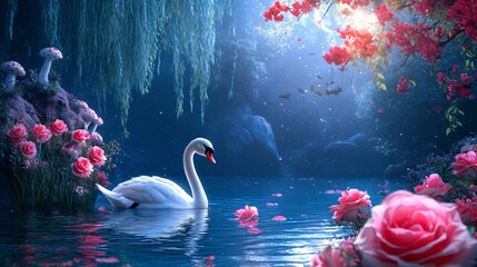 Enchanted Fairy Tale Landscape with Magical Swans