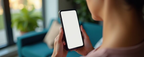 Female figure in relaxed pose holding a smartphone screen with blank display surface, home, phone