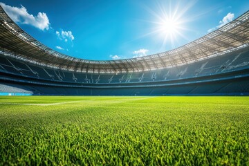 Fototapeta premium Sunlit empty stadium with lush green field and clear blue sky.