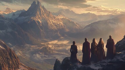 Enchanting Fantasy Scene with People Gazing at Mountain Horizon