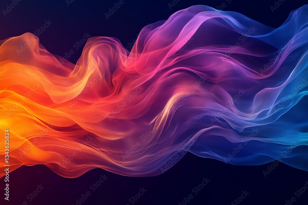 Poster colorful flowing fabric creates an abstract wave pattern in a dark background, highlighting vibrant 