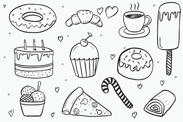 Hand drawn sketch of food and desserts, doodle collection, vector, isolated.