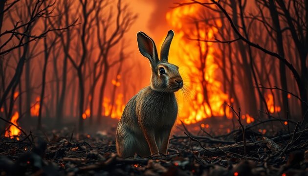 A lone lagomorph observes the fiery devastation of a woodland inferno, a poignant image of nature's resilience amidst destruction
